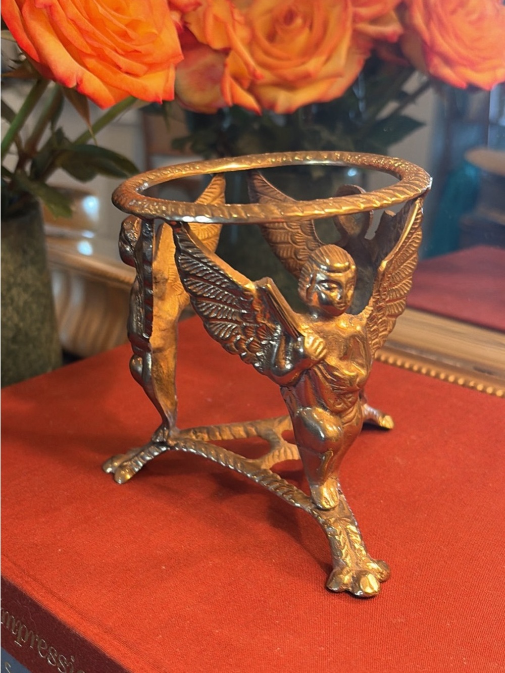 Vintage Brass Cherub Angel Plant Sphere Ball Stand Candle Holder Display